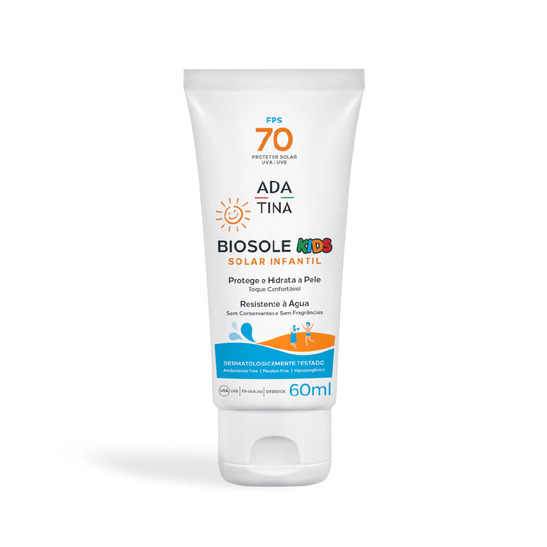 Protetor solar infantil Biosole Kids FS 70 protege e hidrata a pele.