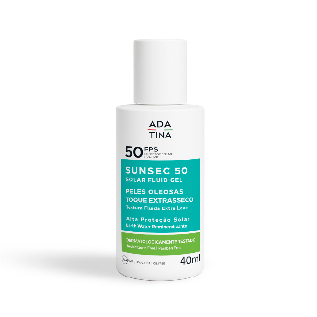 Protetor solar Sunsec Solar Fluid Gel FPS 50 para peles oleosas.