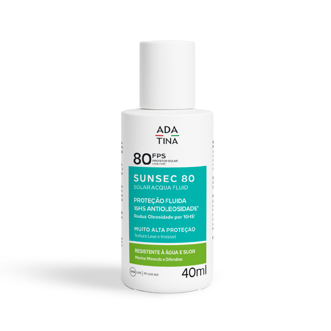 Protetor solar Sunsec Acqua Fluid FPS 80 para peles oleosas, com 16 horas antioleosidade.