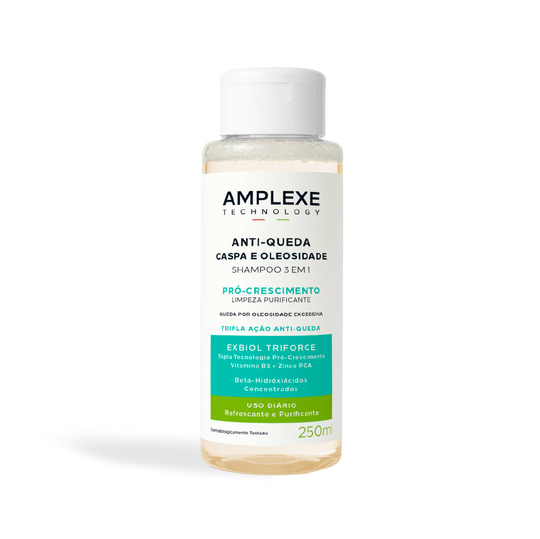 Shampoo Amplexe 3 em 1 de Ada Tina com tecnologia anti-queda, caspa e oleosidade.