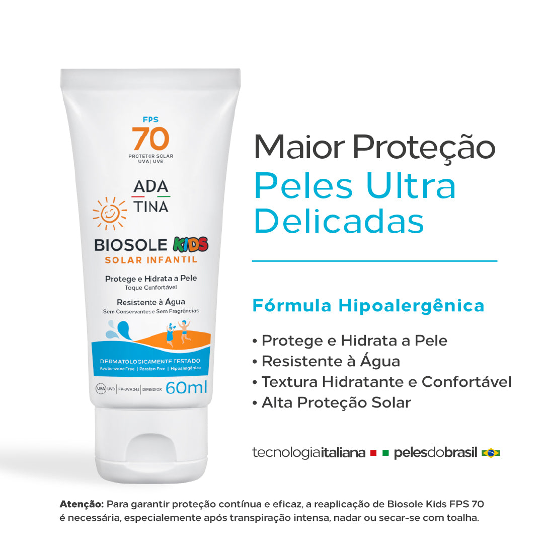 Protetor solar infantil Biosole Kids FPS 70 com fórmula hipoalergênica que protege e hidrata a pele.