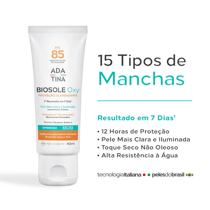Protetor solar Biosole Oxy FPS 50, clareador de 15 tipos de manchas.