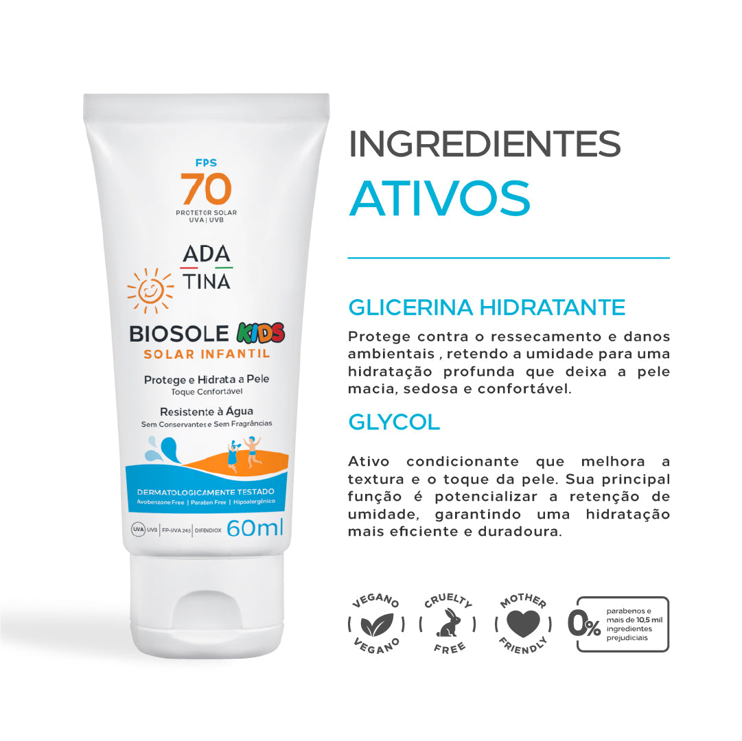 Ingredientes do Biosole Kids FPS 70: glicerina hidratante e glycol.