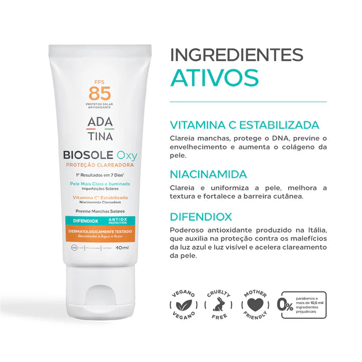 Ingredientes do Biosole Oxy FPS 50: Difendiox, vitamina C estabilizada e niacinamida clareadora.