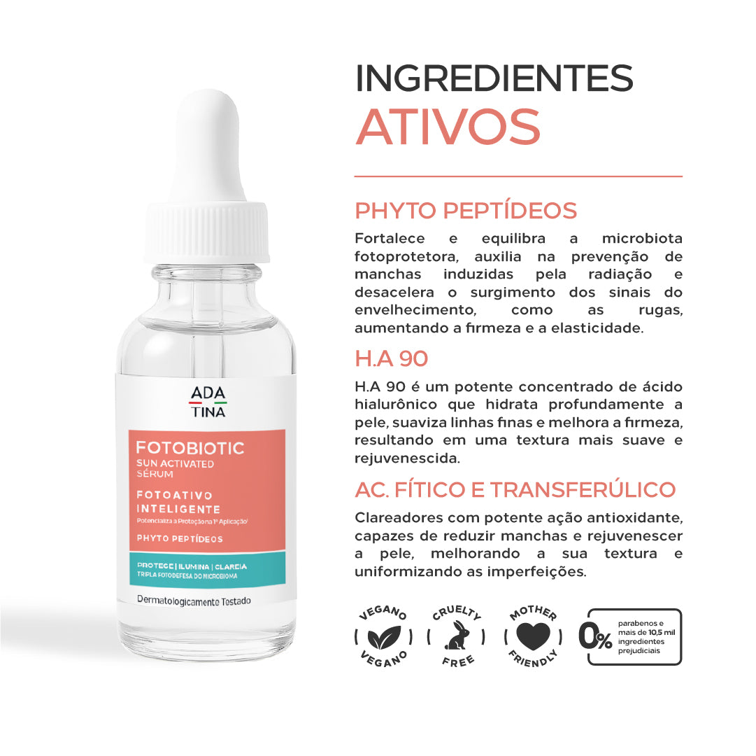 Ingredientes do sérum Fotobiotic Sun Activated: phyto peptídeos, ácido hialurônico, fítico e transferúlico.