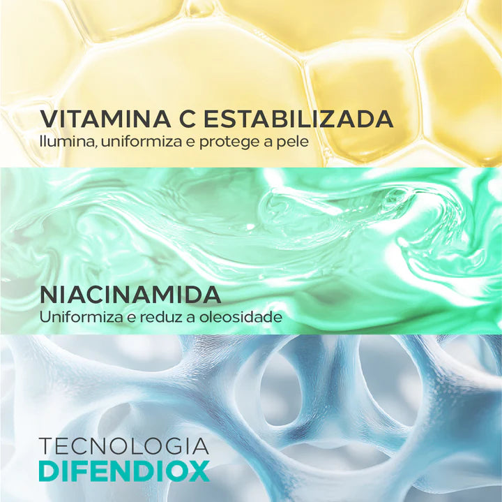 Ingredientes do Biosole Oxy FPS 50: Difendiox, vitamina C estabilizada e niacinamida clareadora.