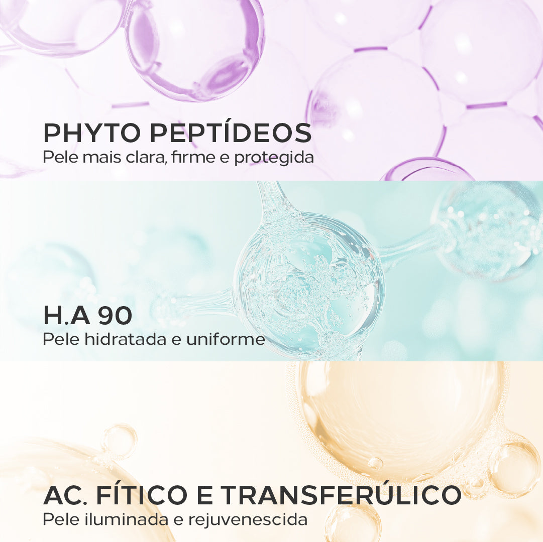Ingredientes do Fotobiotic Sun Activated sérum: phyto peptídeos, ácido hialurônico, fítico e transferúlico.