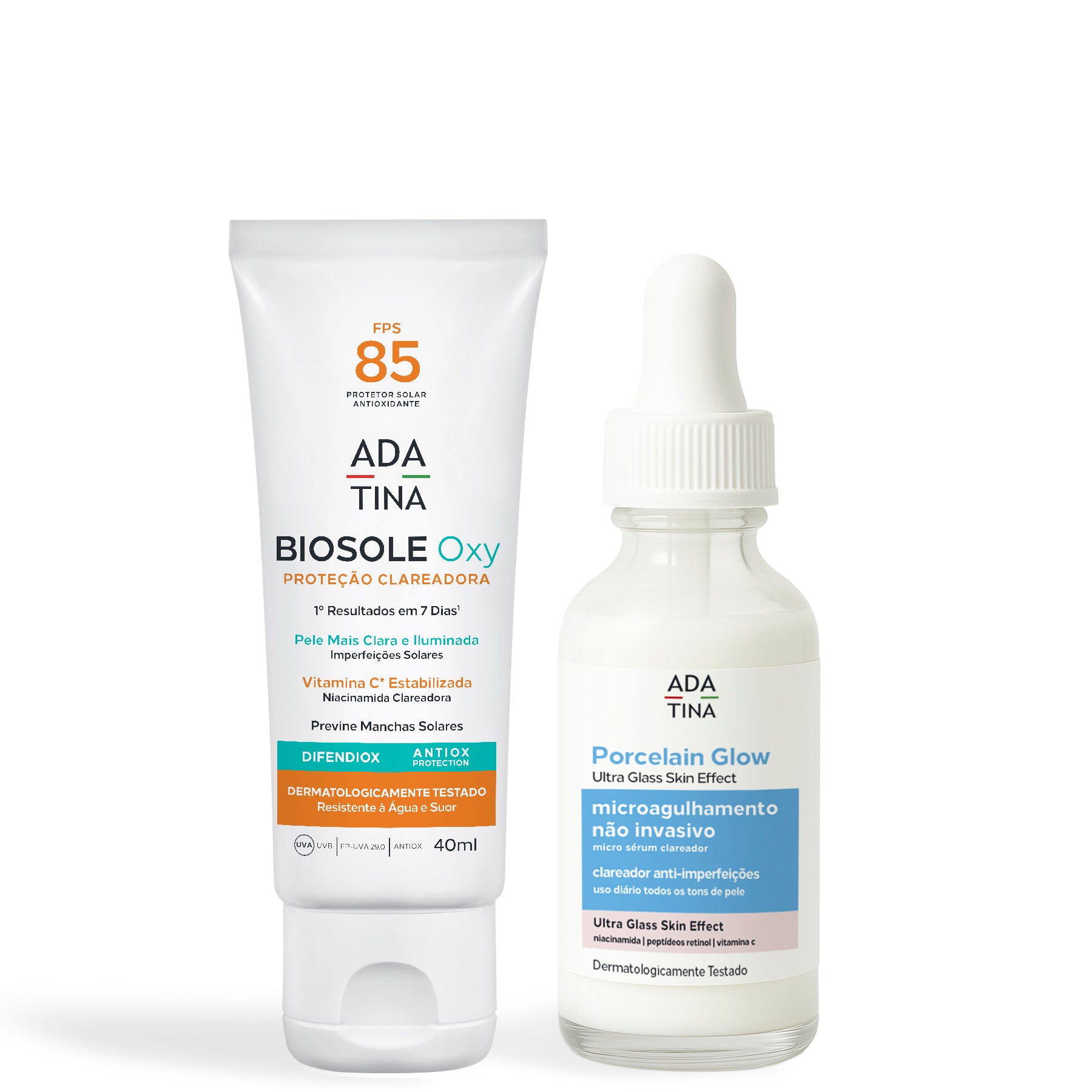 Kit clareador completo para peles com manchas e melasma, com protetor solar Biosole Oxy FPS 85  e sérum Porcelain Glow.