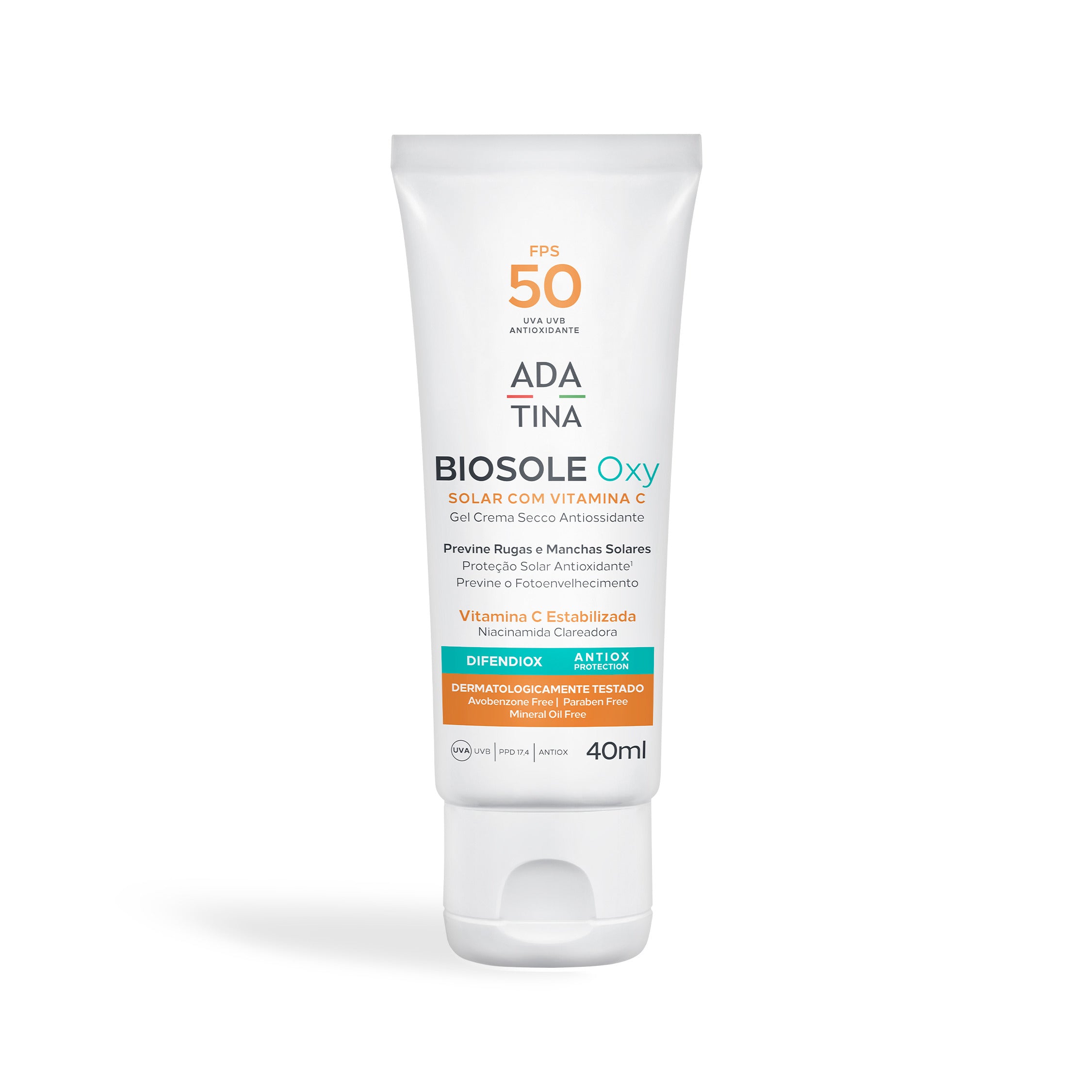 Protetor solar Ada Tina Biosole Oxy FPS 50 clareador com vitamina C estabilizada e niacinamida.