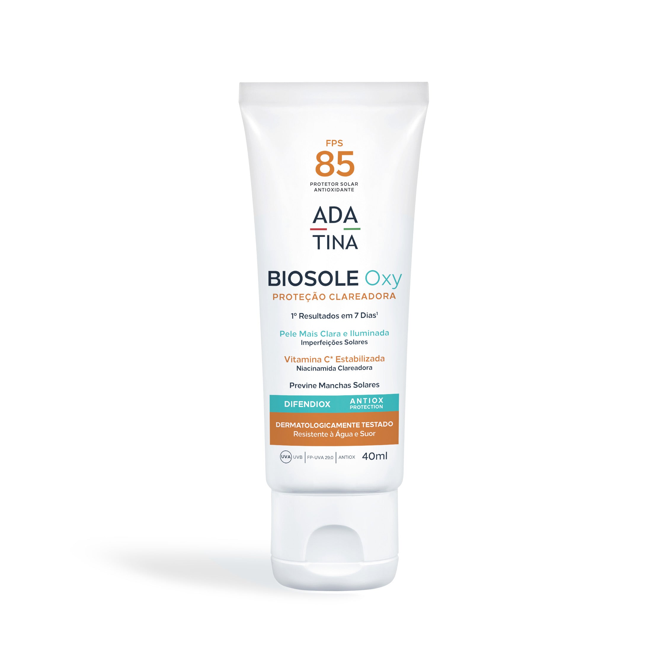 Protetor solar Ada Tina Biosole Oxy FPS 85 clareador com vitamina C estabilizada e niacinamida.