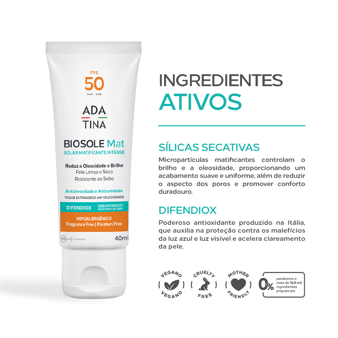 Protetor Solar 12HS 7 em 1 para Peles Oleosas com Toque Seco Biosole Mat FPS 50