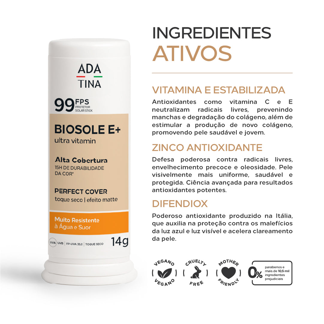 Protetor Solar Facial 12HS Stick com Cor Toque Seco Biosole E Plus Ultra Vitamin FPS 99