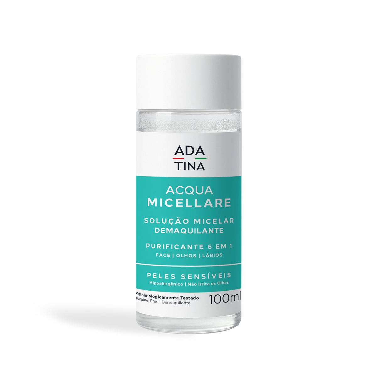 Frasco de 100 ml da solução micelar demaquilante Acqua Micellare Ada Tina, purificante 6 em 1 para peles sensíveis