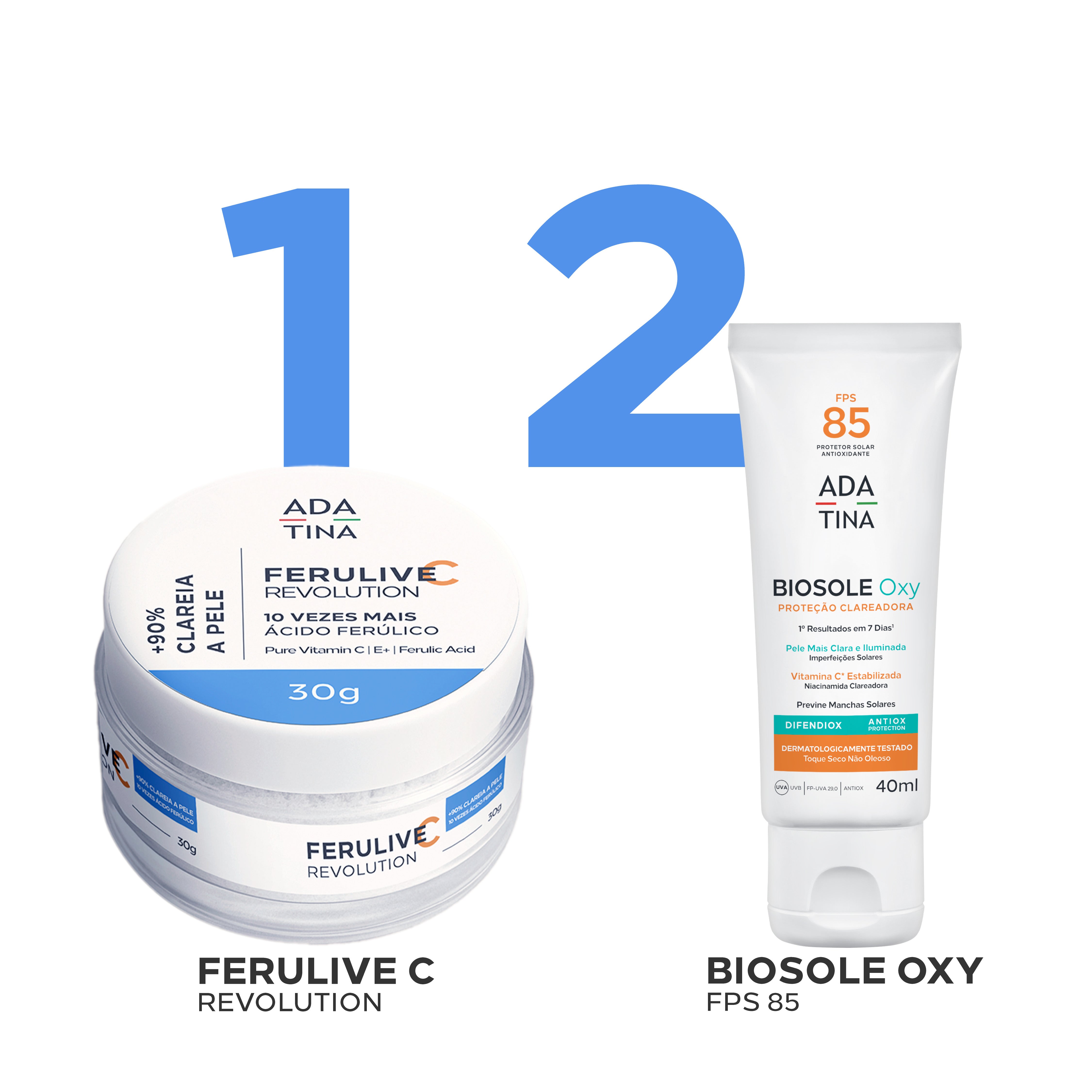 Rotina clareadora – Ferulive C Revolution e Biosole Oxy 85 para clarear manchas e proteger a pele.