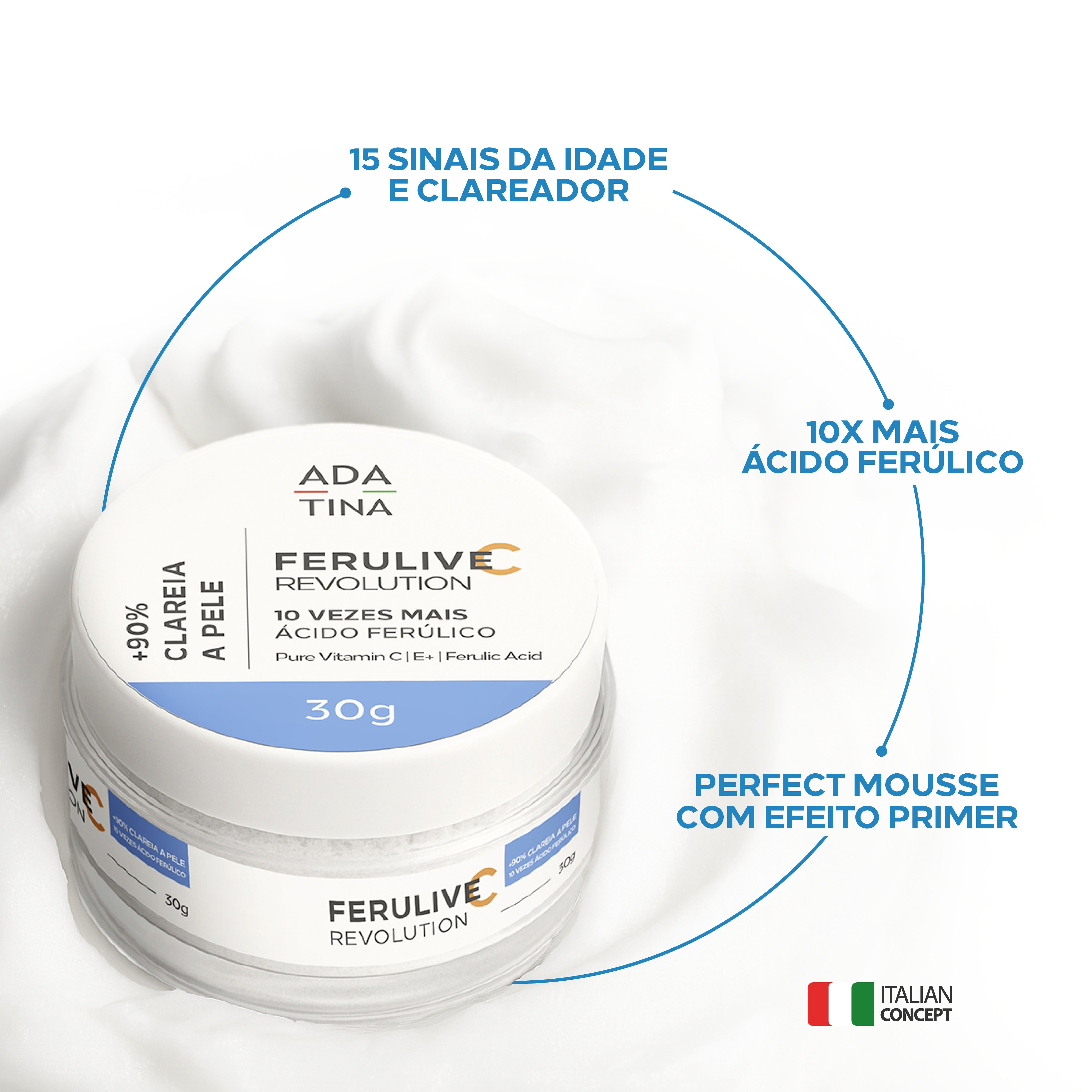 Ferulive C Revolution – Clareador anti-idade com Ácido Ferúlico, textura mousse primer e efeito rejuvenescedor.