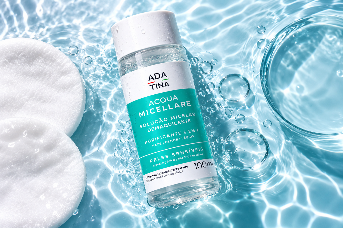 Banner da água micelar demaquilante Acqua Micellare Ada Tina 100 ml, solução purificante 6 em 1 para peles sensíveis