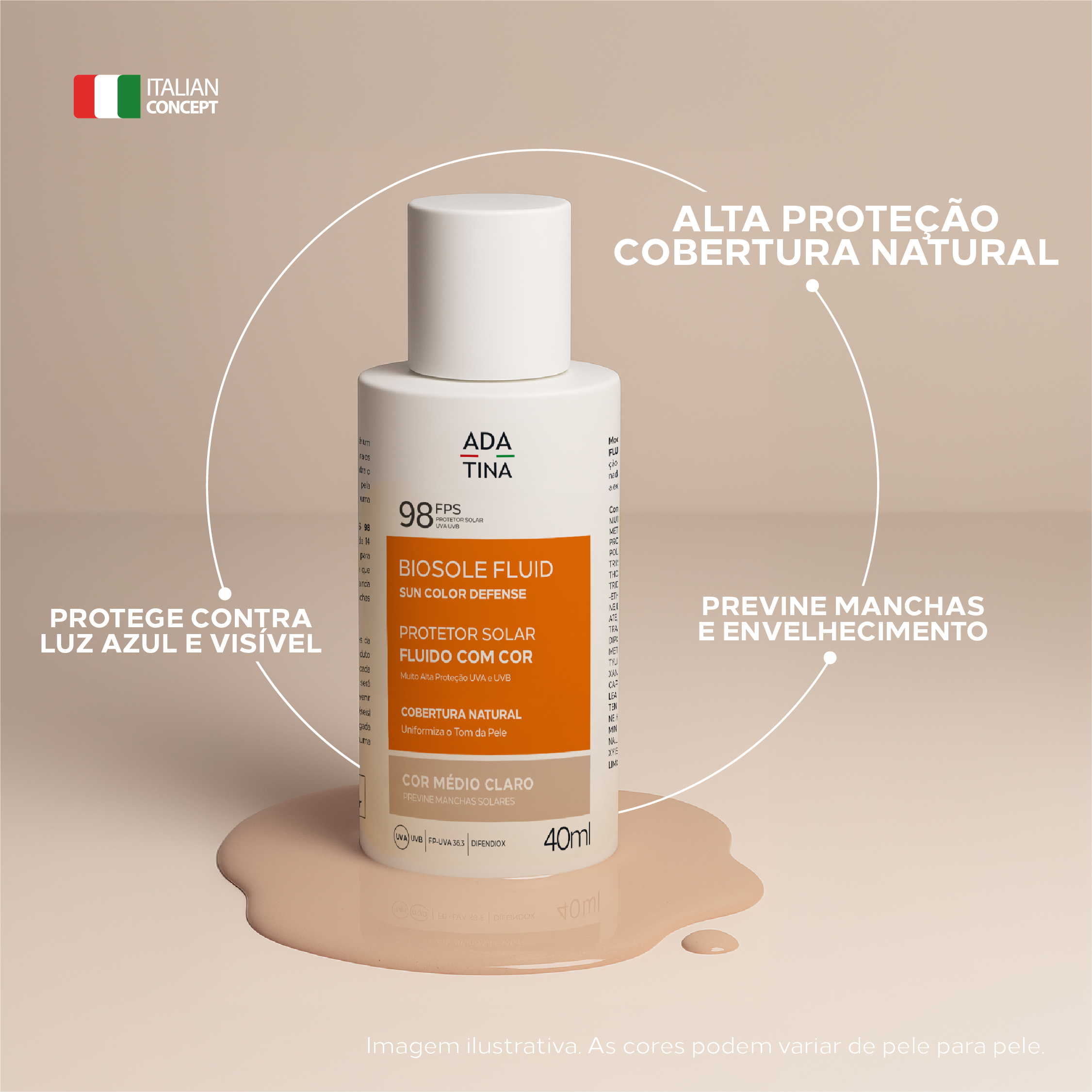 Protetor Solar Facial 12HS com Cor, Cobertura Natural e Toque Seco Biosole Fluido FPS 98