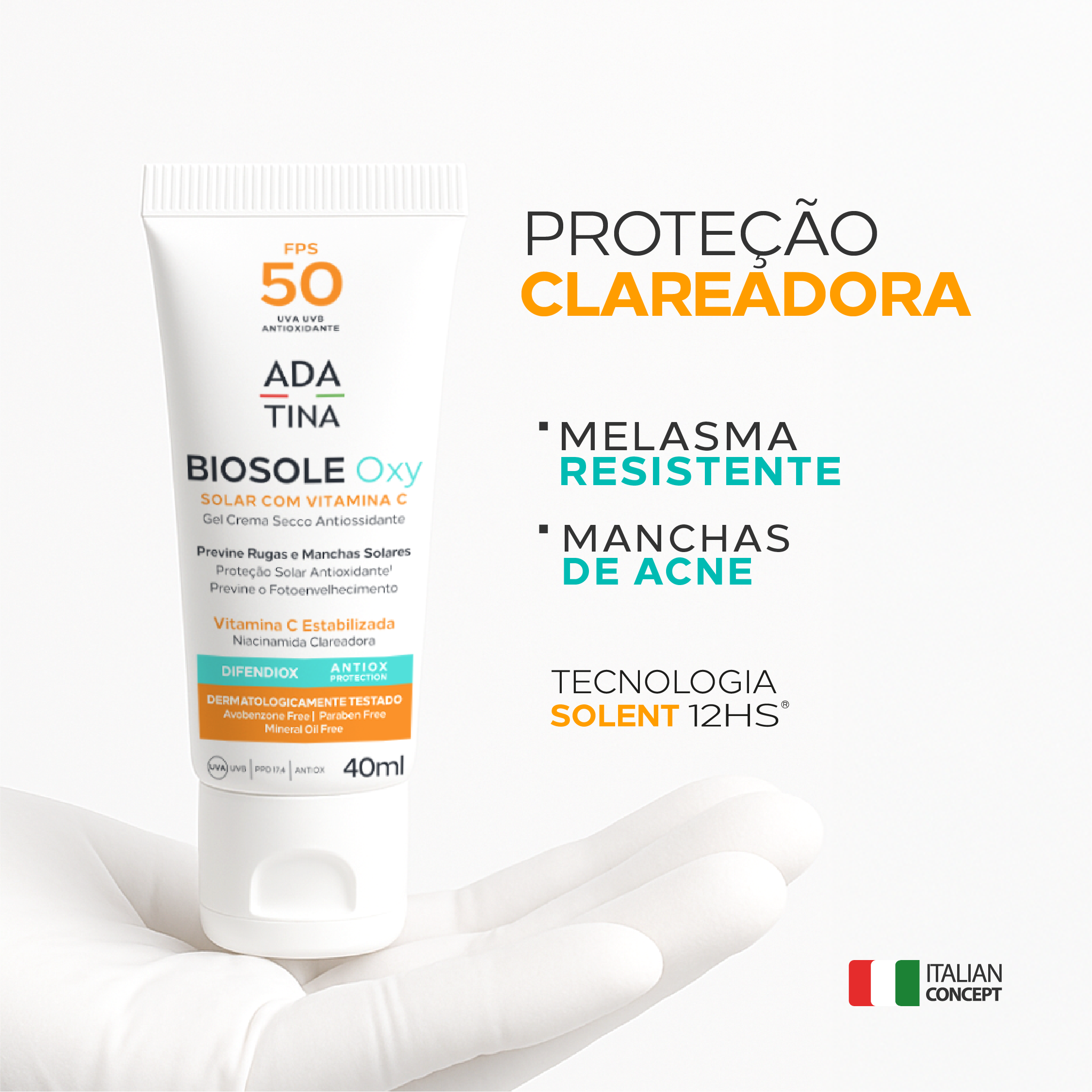 Protetor Solar 12HS Clareador Peles com Manchas e Melasma Biosole Oxy FPS 50