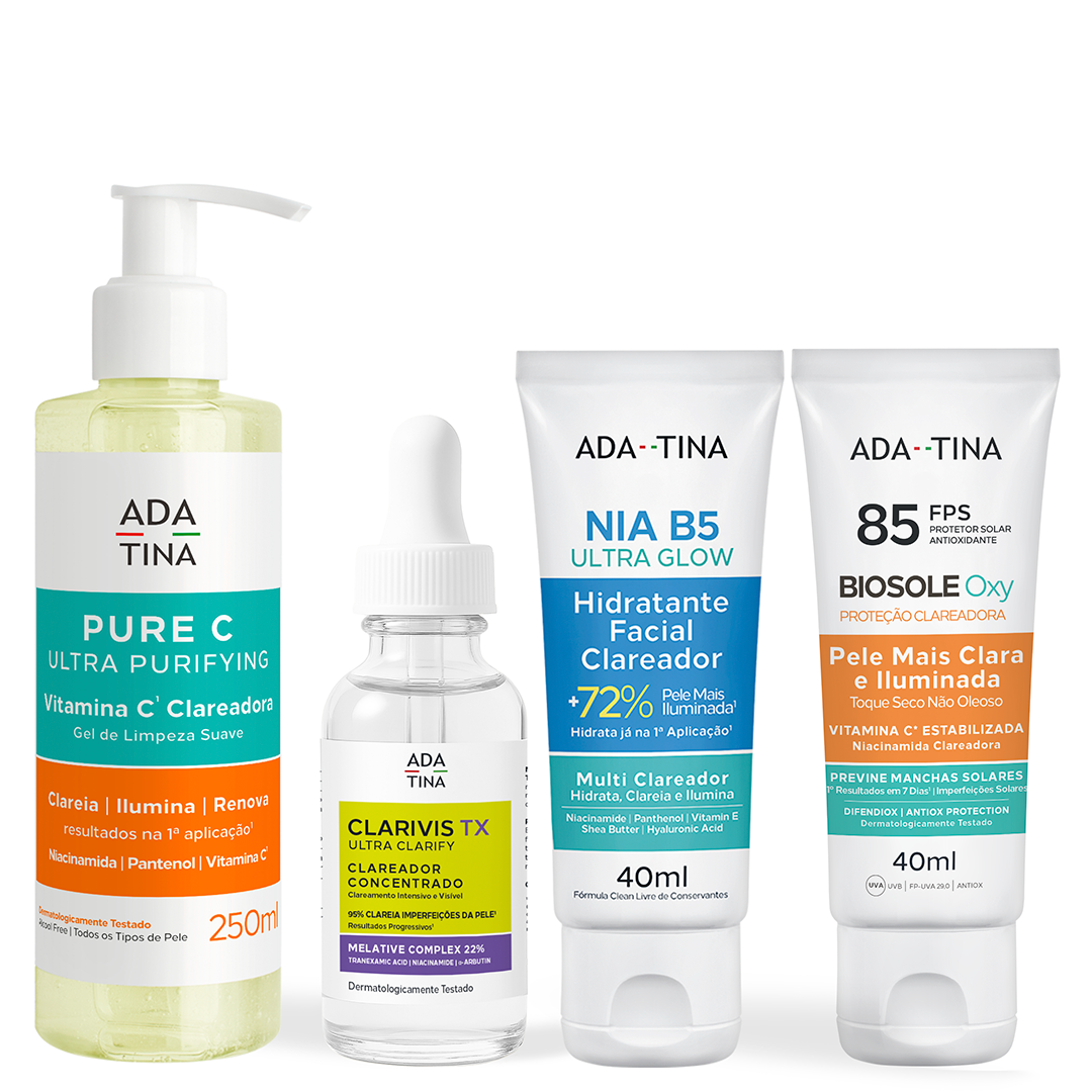 Kit com Pure C Ultra Purifying, Clarivis TX, Nia B5 Ultra Glow e Biosole Oxy FPS 85. Protocolo anti-melasma.