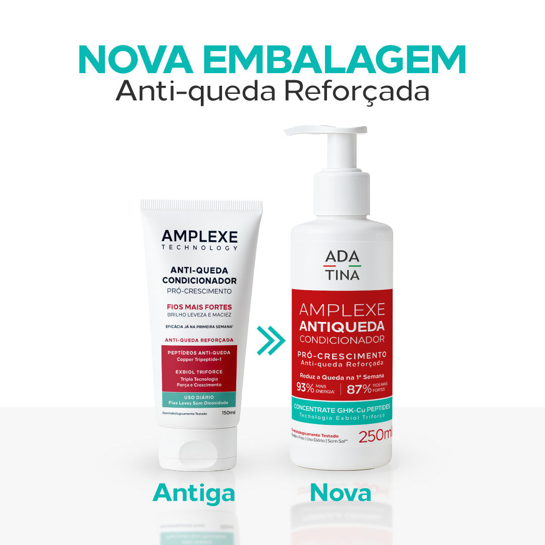 Nova embalagem do Condicionador Amplexe Antiqueda. Mesma fórmula poderosa, agora em novo visual.