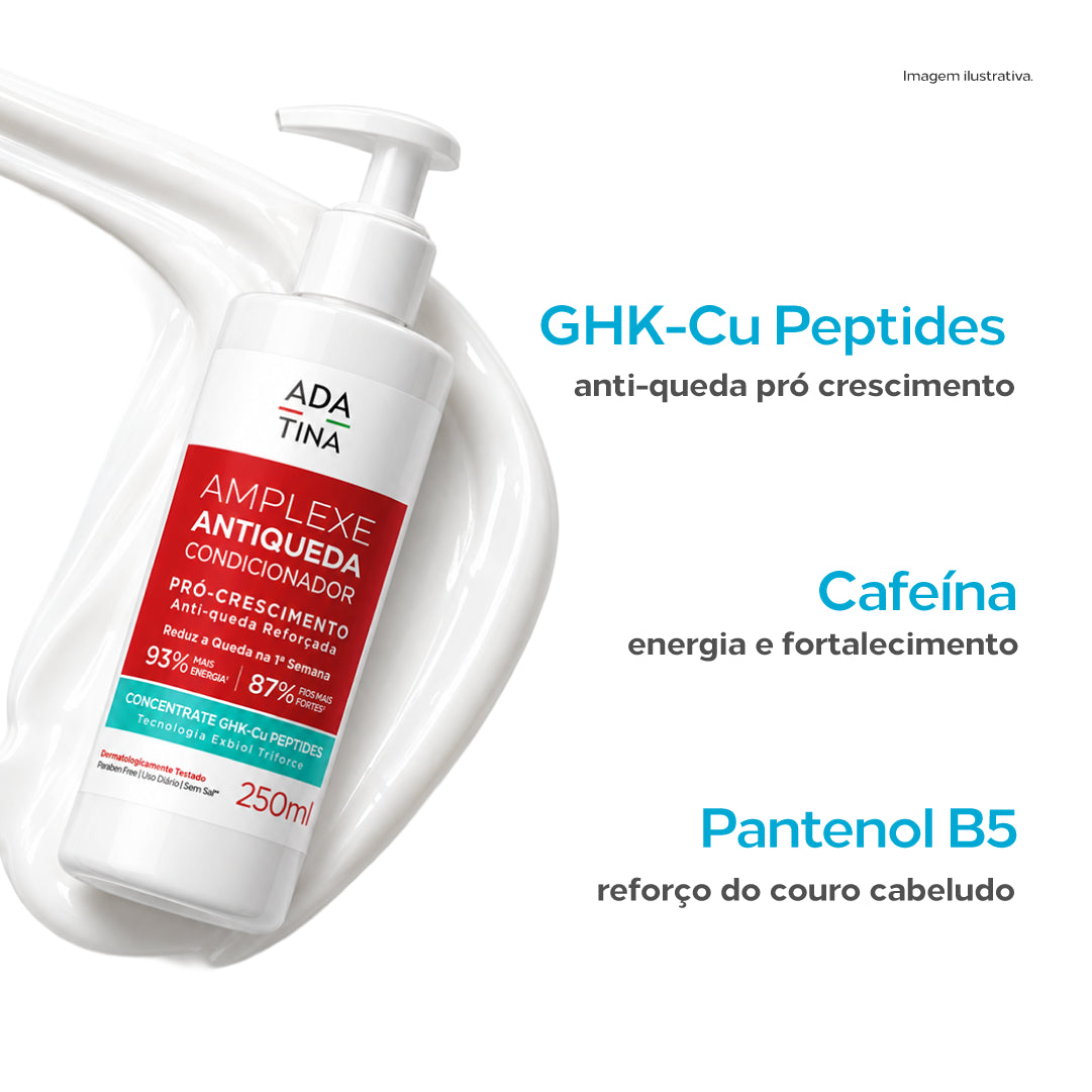 Ingredientes Condicionador Amplexe Antiqueda: GHK-Cu Peptides, Cafeína e Pantenol B5.