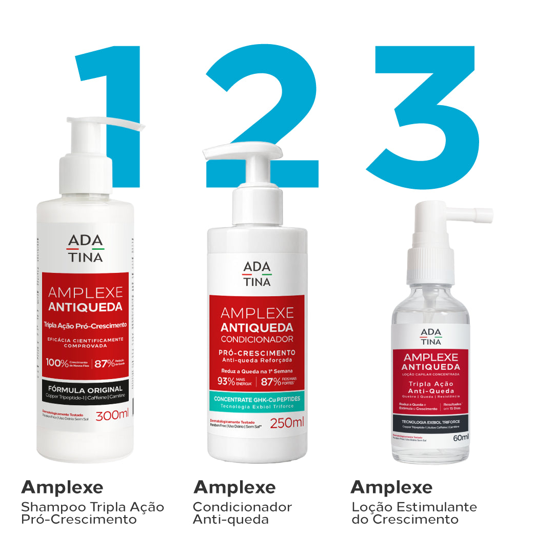 Shampoo, condicionador e loção Amplexe Antiqueda. O tratamento completo para combater a queda de cabelo e estimular o crescimento.