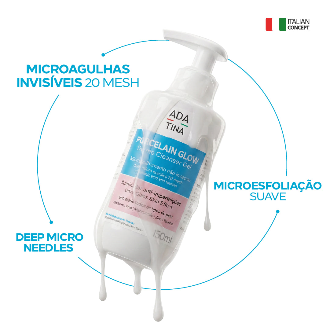 Porcelain Glow Gel contém microagulhas para uma microesfoliação suave da pele.