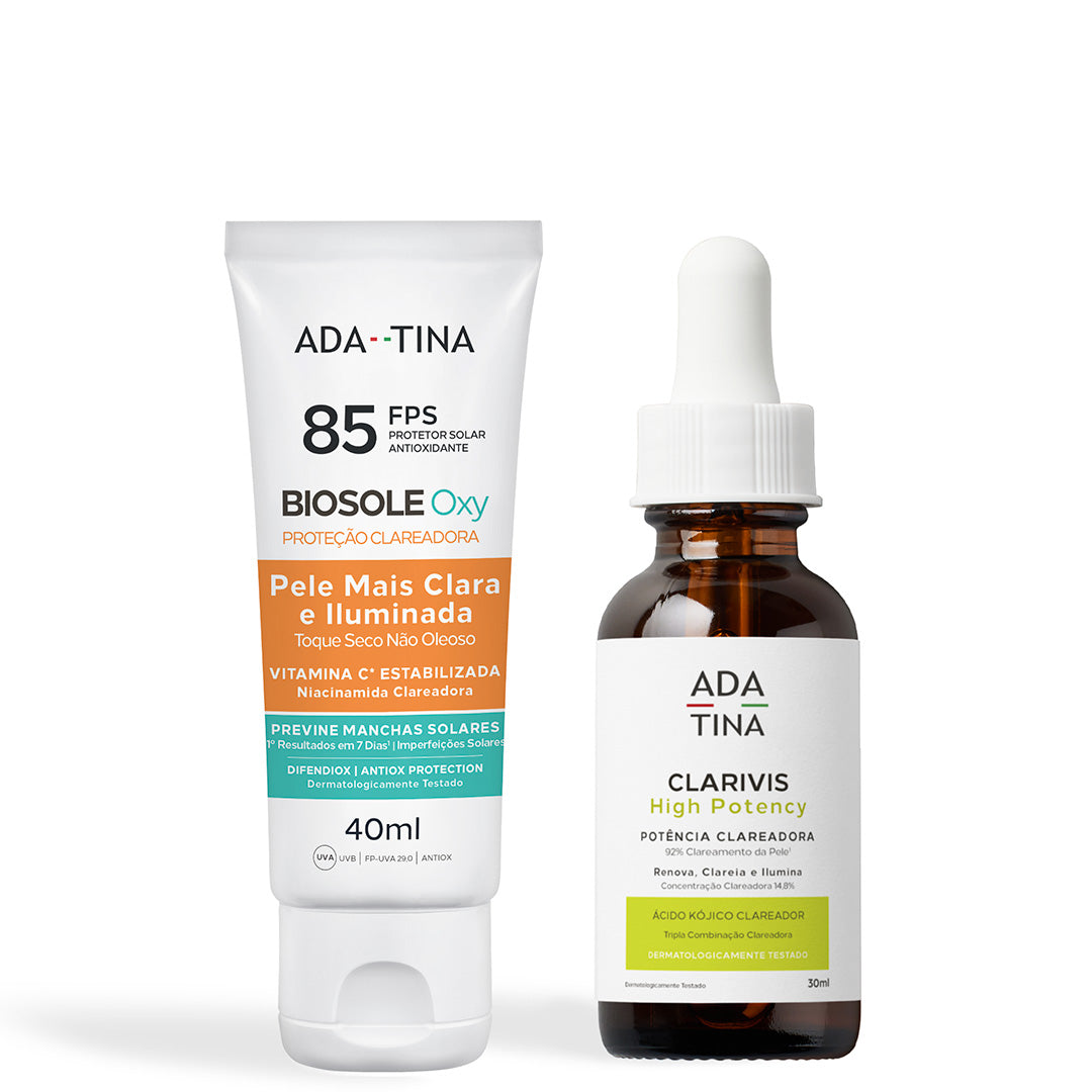 Kit Biosole Oxy FPS 85 e Clarivis High Potency para peles com manchas resistentes.
