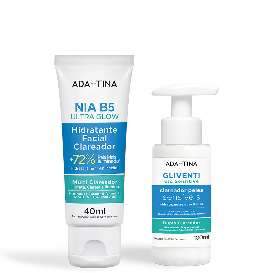 Kit com Nia B5 Ultra Glow e Gliventi Bio Sensitive para peles com manchas faciais e corporais.