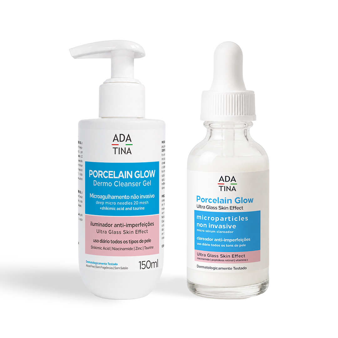 Kit para efeito Glass Skin com Porcelain Glow Gel e sérum Porcelain Glow.