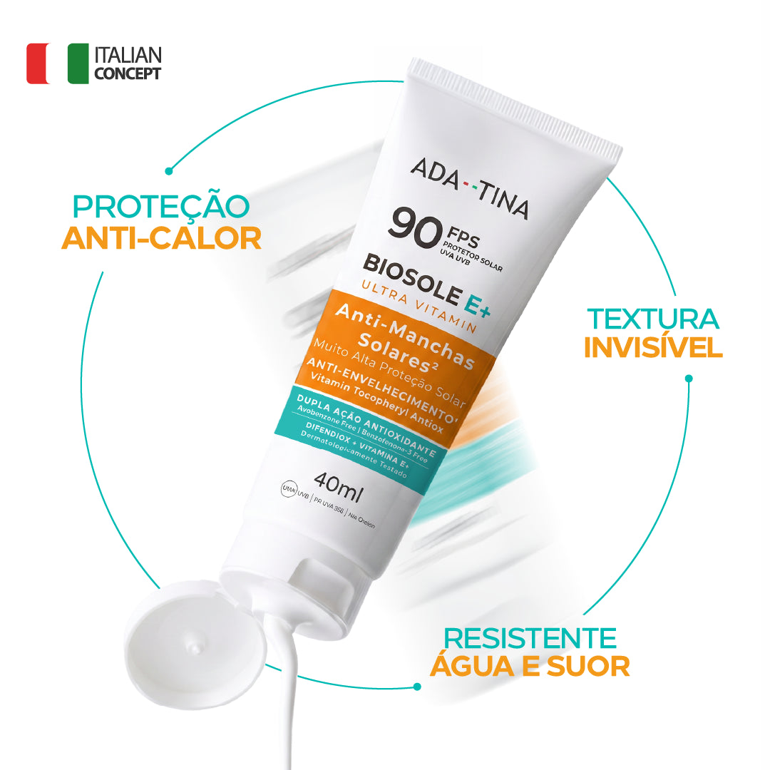 Biosole E+ Ultra Vitamin FPS 90 com proteção anti-calor, textura invisível e resistente a água e suor.
