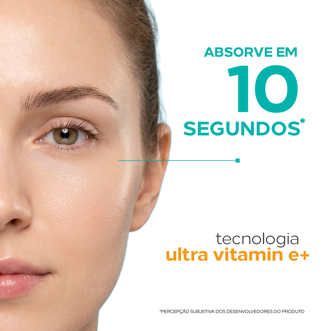 Protetor solar absorvido em 10 segundos, com Tecnologia Ultra Vitamin E+.