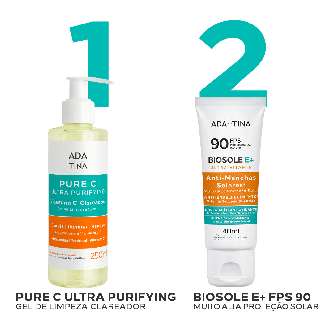 Rotina Clareadora: Pure C Ultra Purifying + Biosole E+ Ultra Vitamin FPS 90.