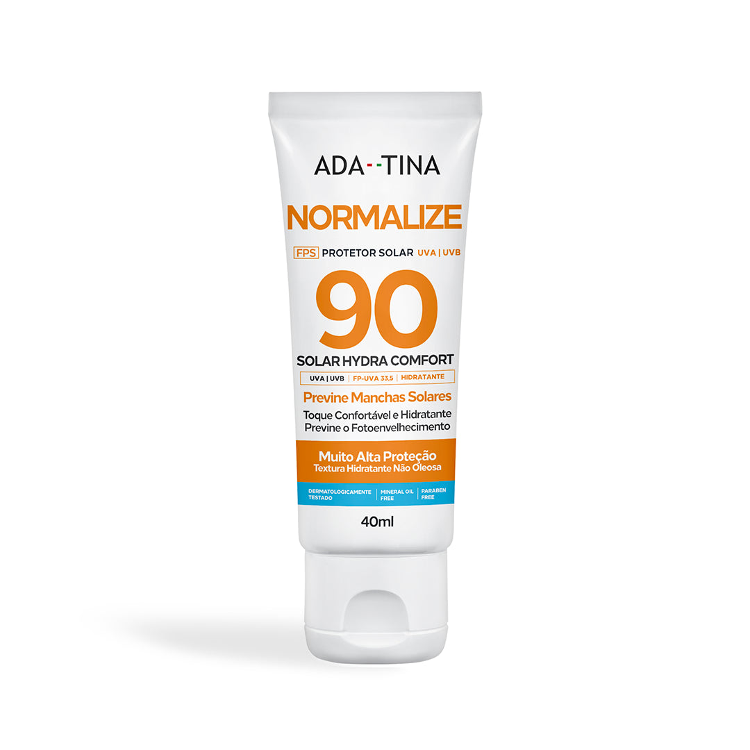 Protetor solar Normalize Solar Hydra Comfort FPS 90 com ação anti-manchas e proteção altíssima.