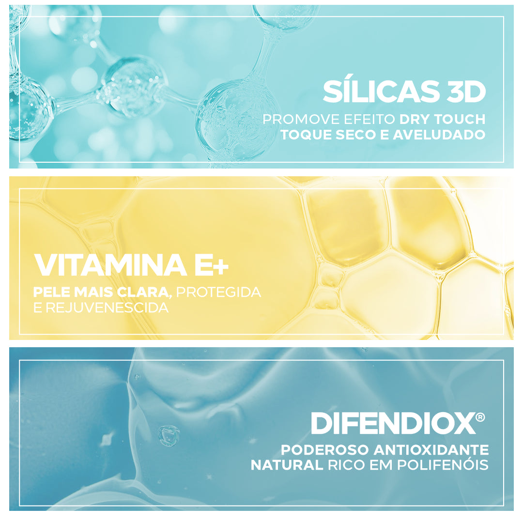 Ingredientes Ativos: Sílicas 3D, Vitamina E e Difendiox®. Oferece ação antioxidante, controle da oleosidade e proteção contra radicais livres.