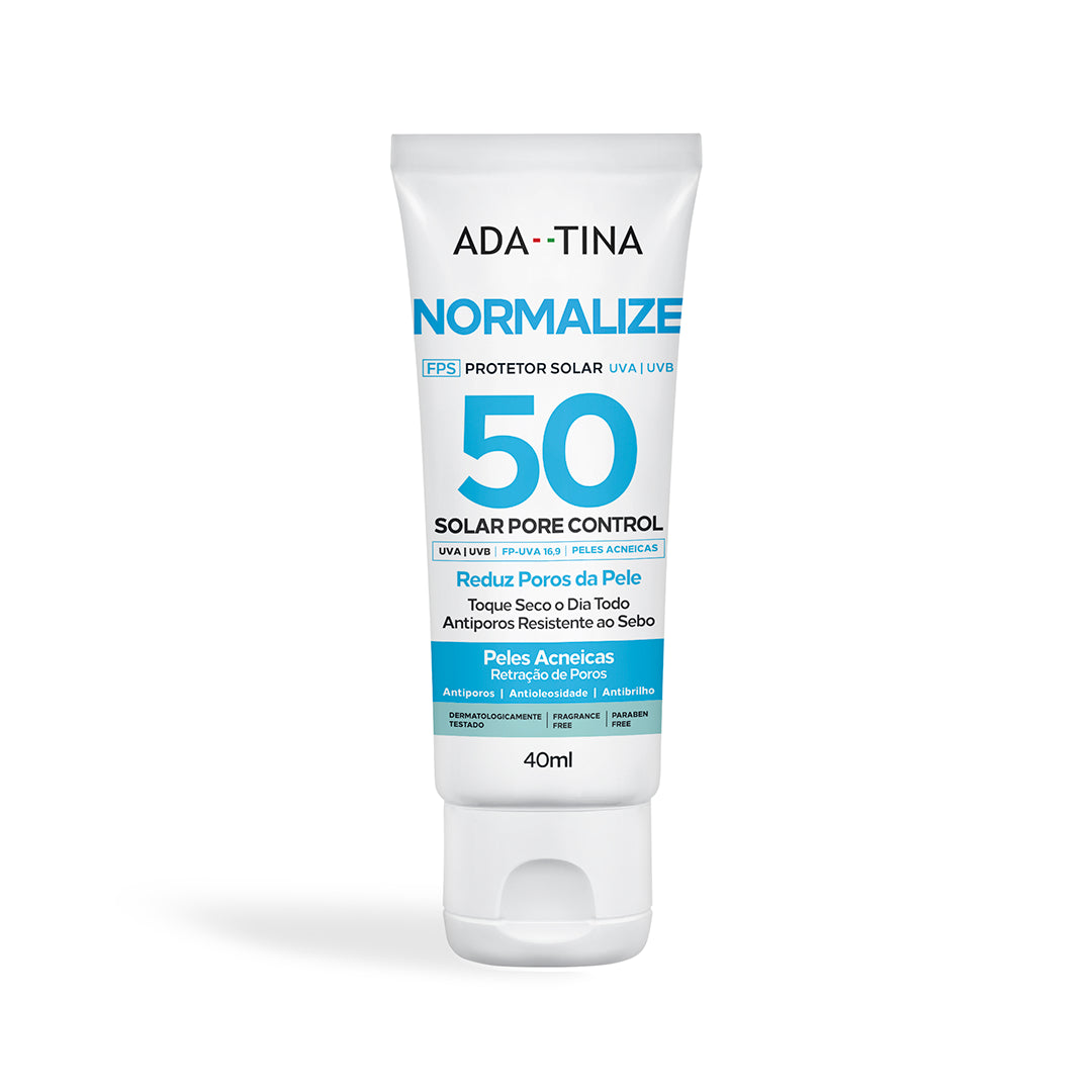Protetor solar Normalize Solar Pore Control FPS 50 com ação anti-acne e toque seco prolongado.