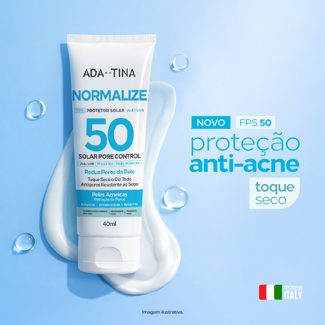 Protetor solar com toque seco e proteção anti-acne. 