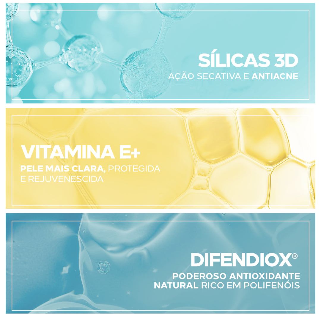 Ingredientes Ativos: Sílicas 3D, Vitamina E e Difendiox®. Oferece ação antioxidante, controle da oleosidade e proteção contra radicais livres.