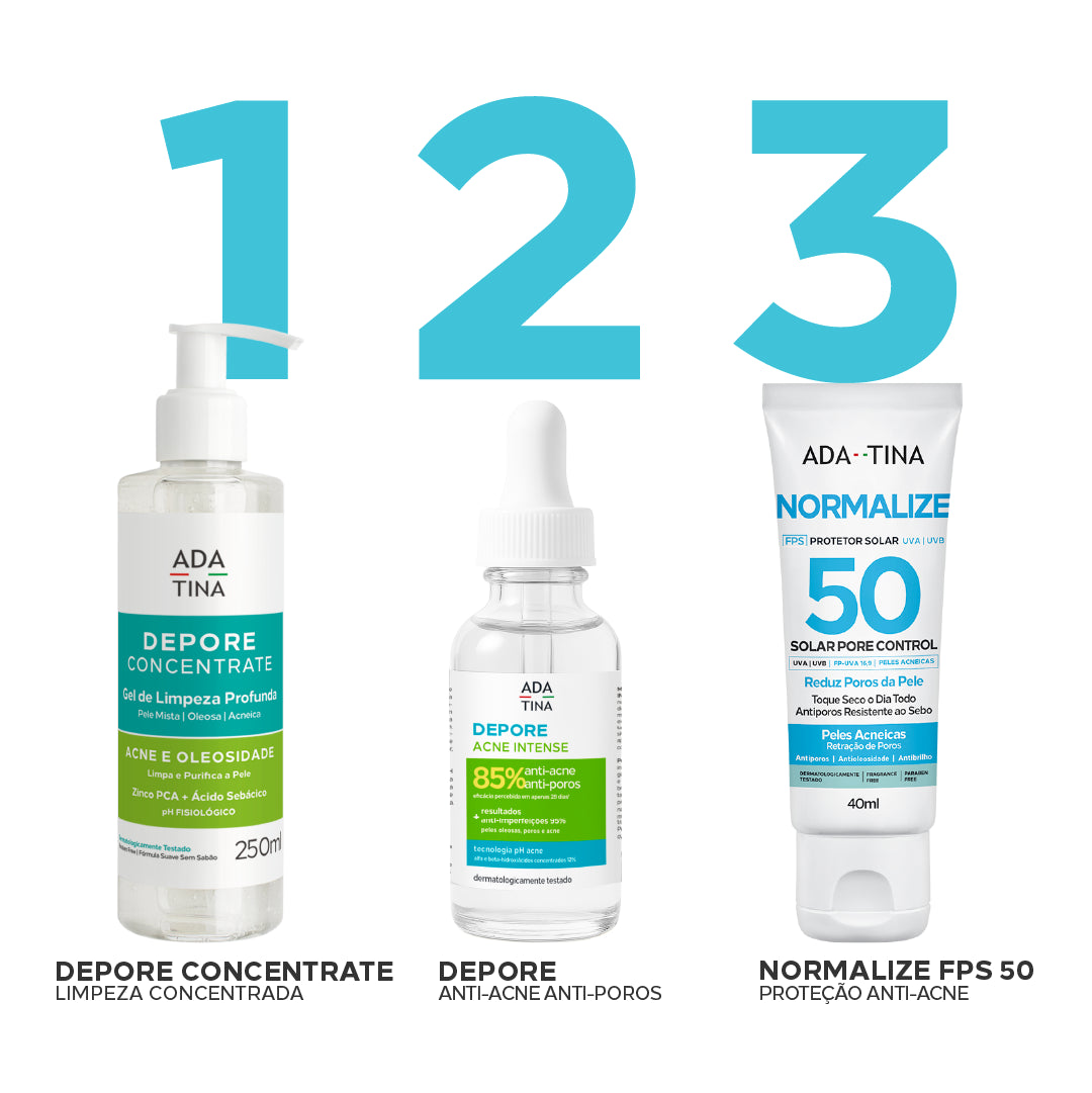 Rotina Anti-Acne: Depore Concentrate, Acne Intense e Normalize Pore Control FPS 50.
