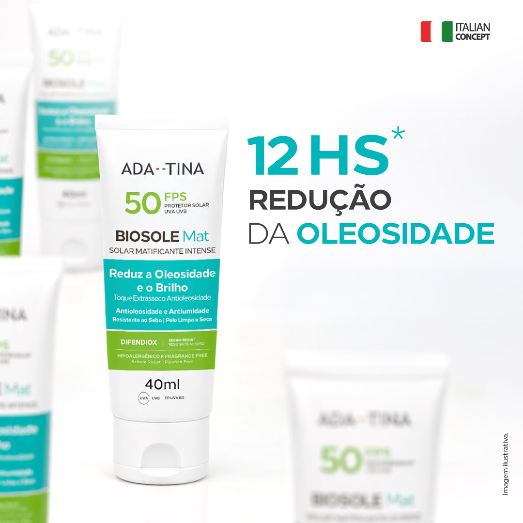 Biosole Mat FPS 50, protetor solar antioleosidade com efeito matte e controle da oleosidade por até 12 horas.