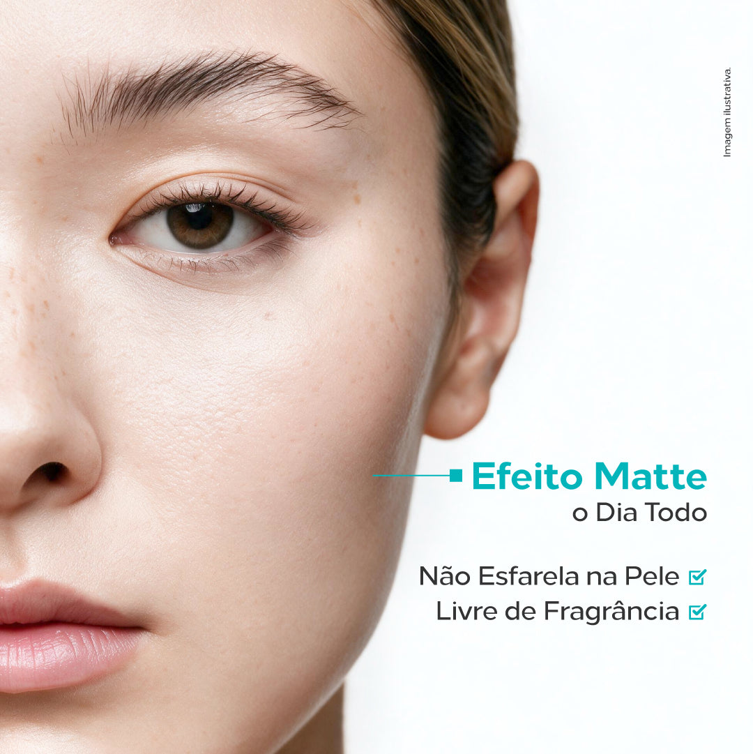 Biosole Mat FPS 50 proporciona acabamento matte para pele oleosa, não esfarela e possui fórmula livre de fragrância.