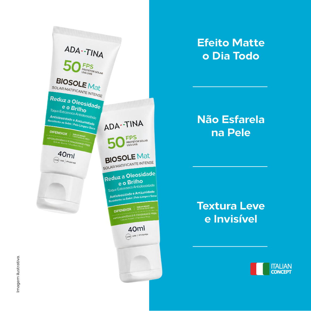 Protetor solar Biosole Mat FPS 50 com efeito matte, textura leve e invisível e fórmula desenvolvida para não esfarelar na pele.