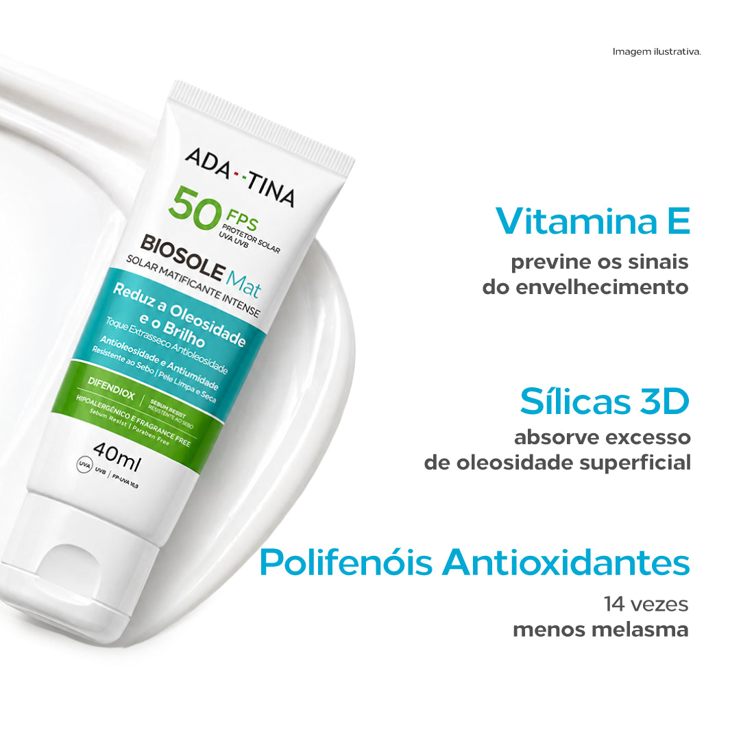 Biosole Mat FPS 50 combina Vitamina E, Sílicas 3D e polifenóis antioxidantes para proteção solar e controle da oleosidade da pele.