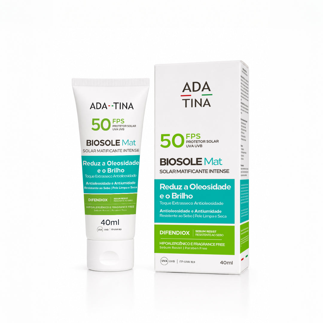 Embalagem do Biosole Mat FPS 50, protetor solar facial desenvolvido para reduzir oleosidade e brilho em peles oleosas.