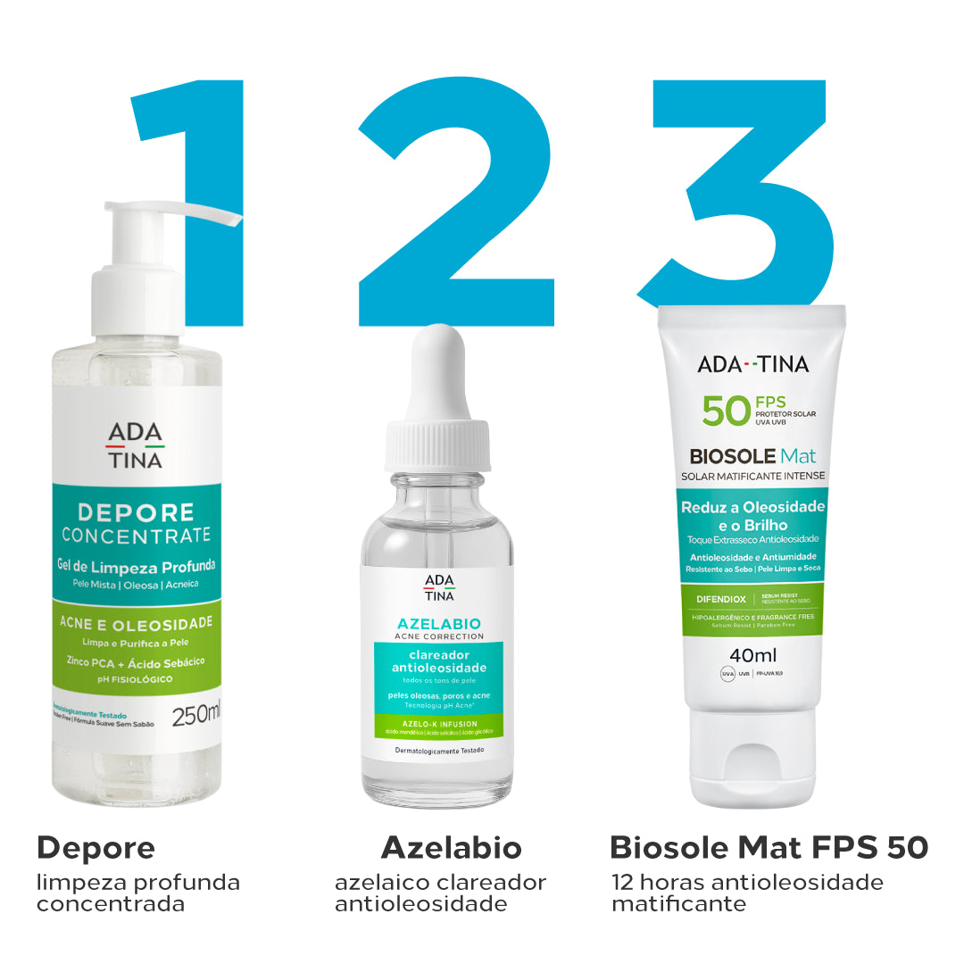 Rotina para pele oleosa com Depore Concentrate, Azelabio Acne Correction e Biosole Mat FPS 50.