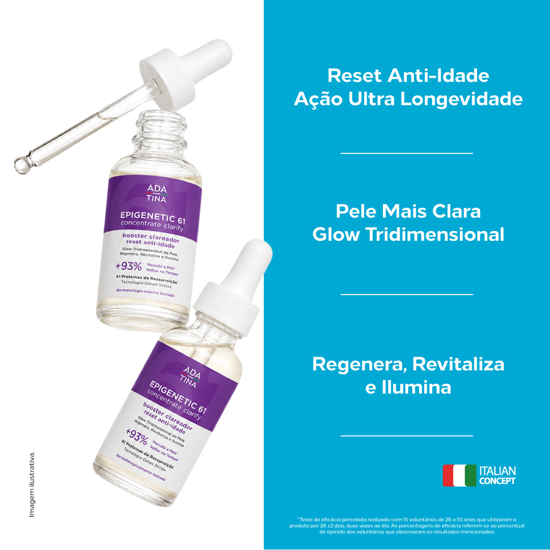 Epigenetic 61 Concentrate Clarify ajuda a clarear, iluminar e promover firmeza, vitalidade e longevidade.
