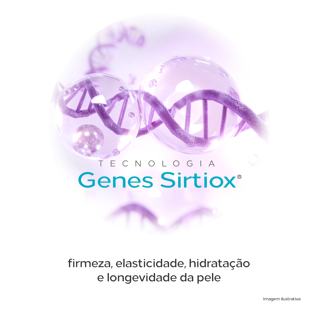 Tecnologia Genes Sirtox para firmeza, elasticidade, hidratação e longevidade da pele.