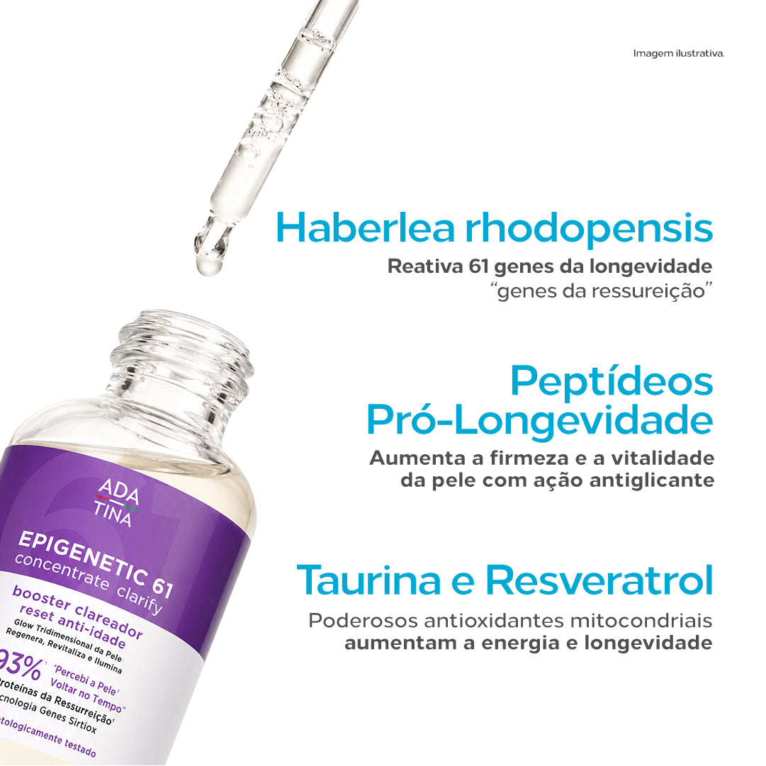 Ingredientes ativos do Epigenetic 61 Concentrate Clarify: Haberlea rhodopensis, Peptídeos Pró-Longevidade, Taurina e Resveratrol.