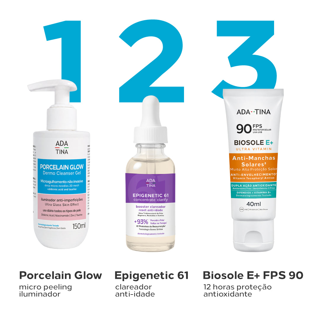 Rotina Anti-Manchas: Porcelain Glow Gel, Epigenetic 61 e Biosole E+ FPS 90.
