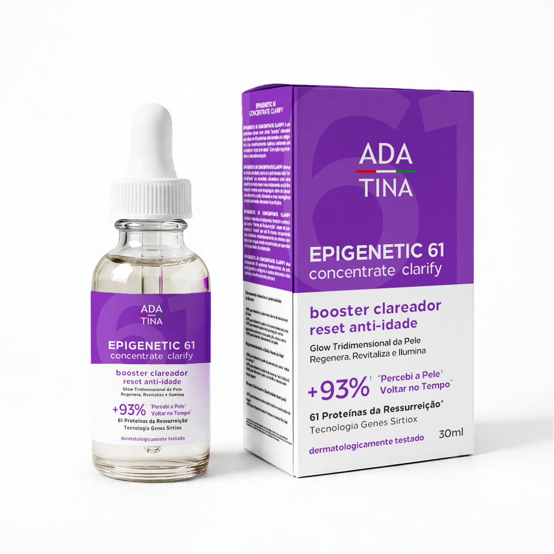 Frasco e embalagem do Epigenetic 61 Concentrate Clarify: sérum clareador anti-idade de 30 ml.